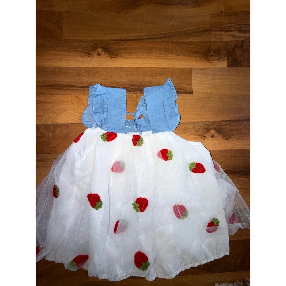Unbranded Strawberry Tulle Dress Kid3  3-6‎ months? White Blue Flutter Sleeve